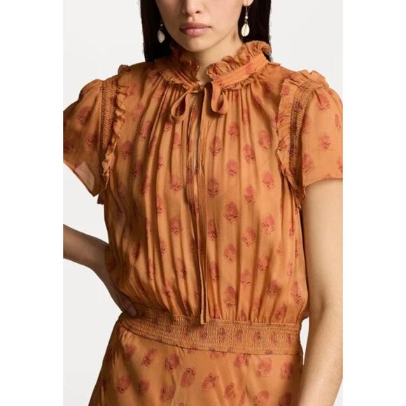 Polo Ralph Lauren Block Print Georgette Tie Neck Dress in Medallion Woodblock - Picture 4 of 14